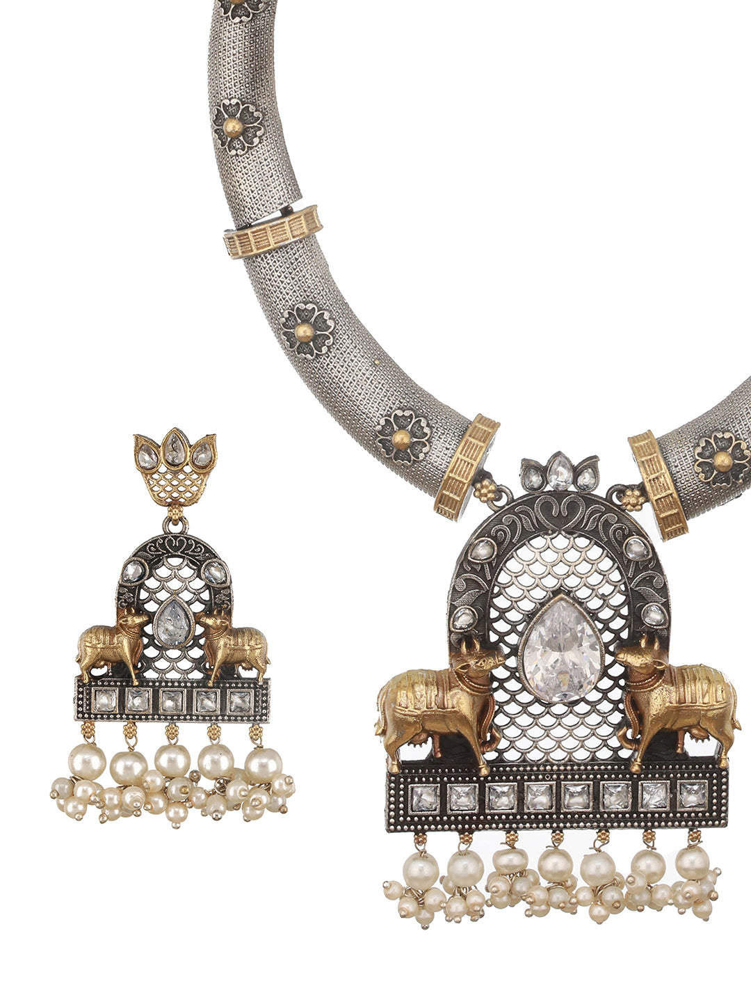 Dual Toned  Oxidised Silver Lookalike  Pearl Beaded Hasli Deer Motif Designer Jewellery Set