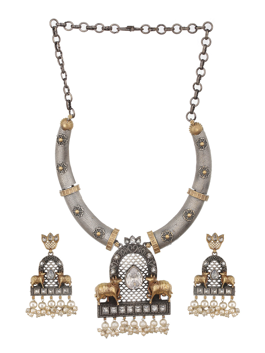 Dual Toned  Oxidised Silver Lookalike  Pearl Beaded Hasli Deer Motif Designer Jewellery Set