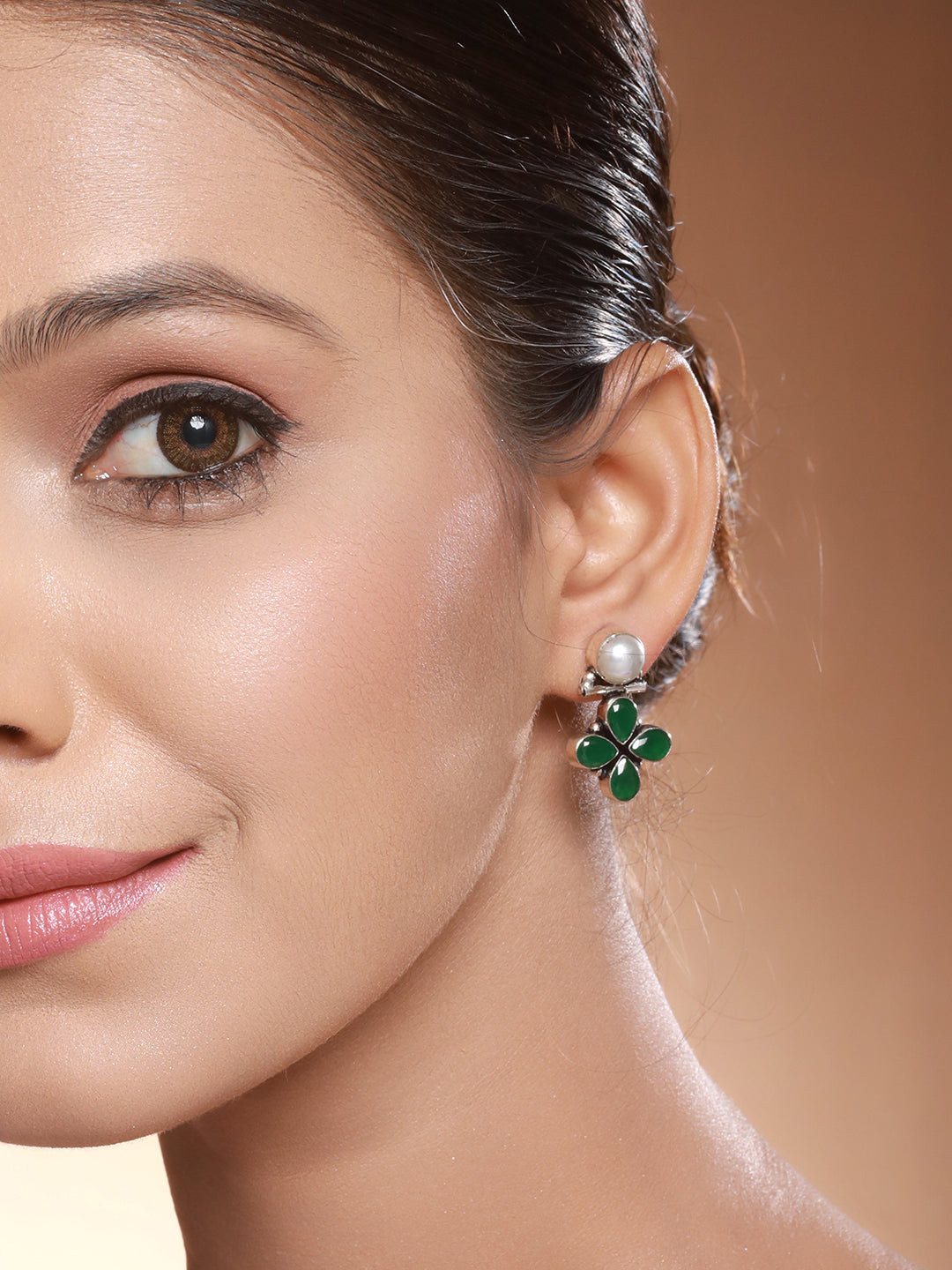 Silver Oxidised Green Stone & Pearl Drop Minimal Earrings