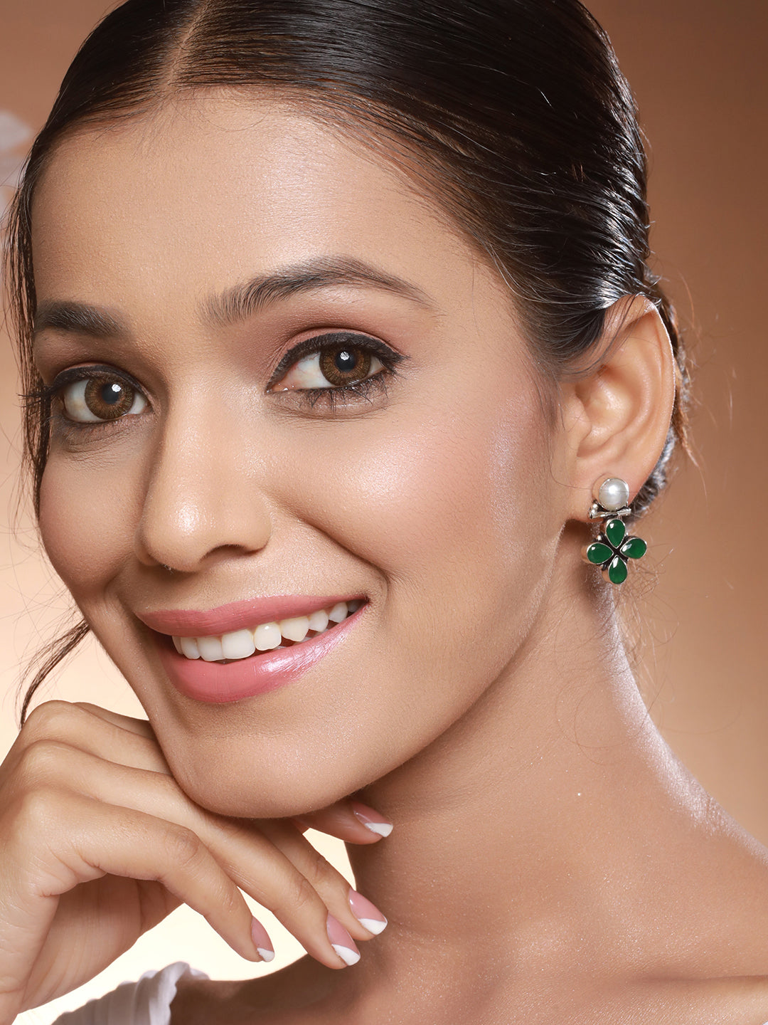 Silver Oxidised Green Stone & Pearl Drop Minimal Earrings