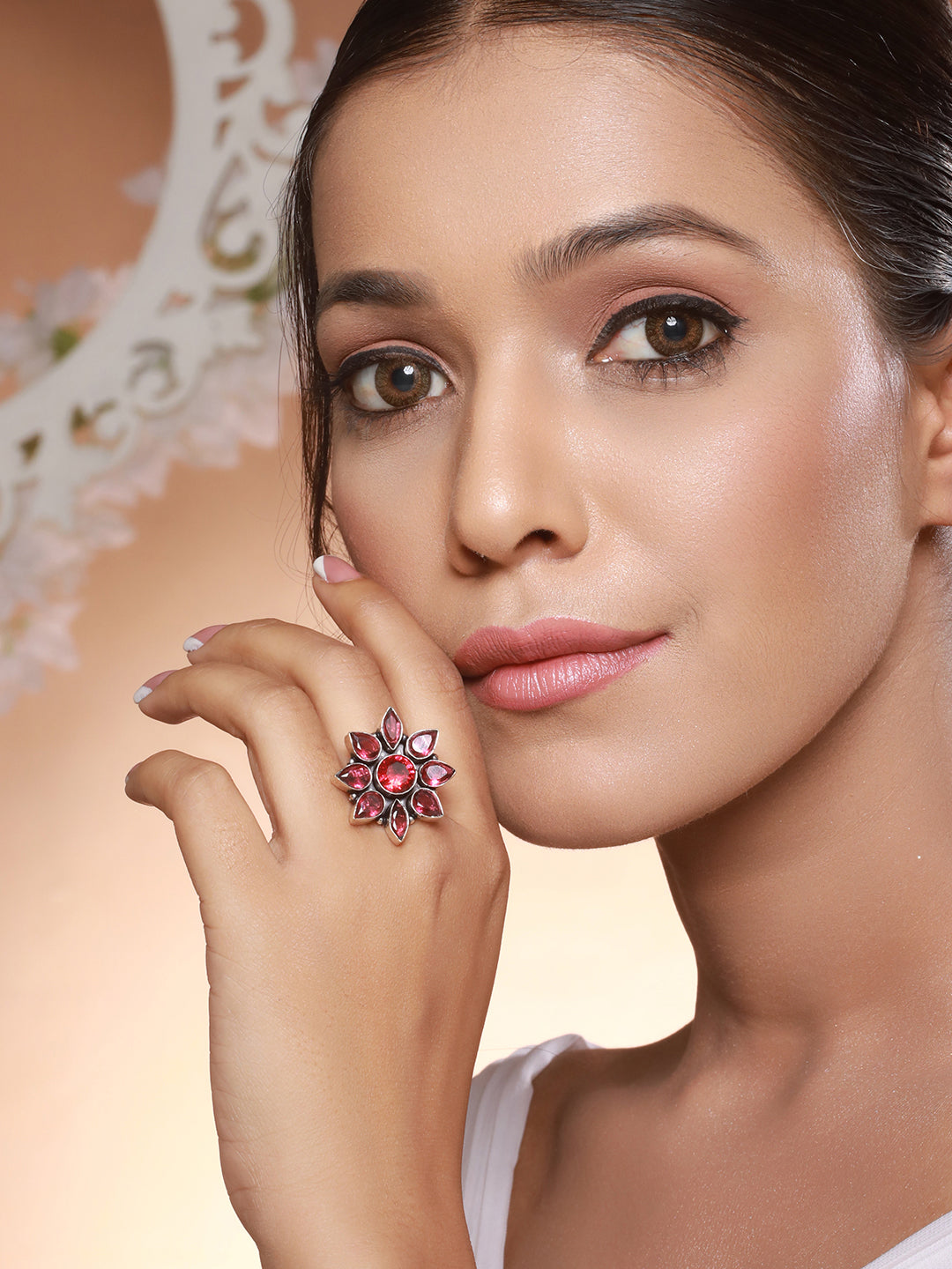Silver Oxidised Red Stone Floral Minimal Finger  Ring