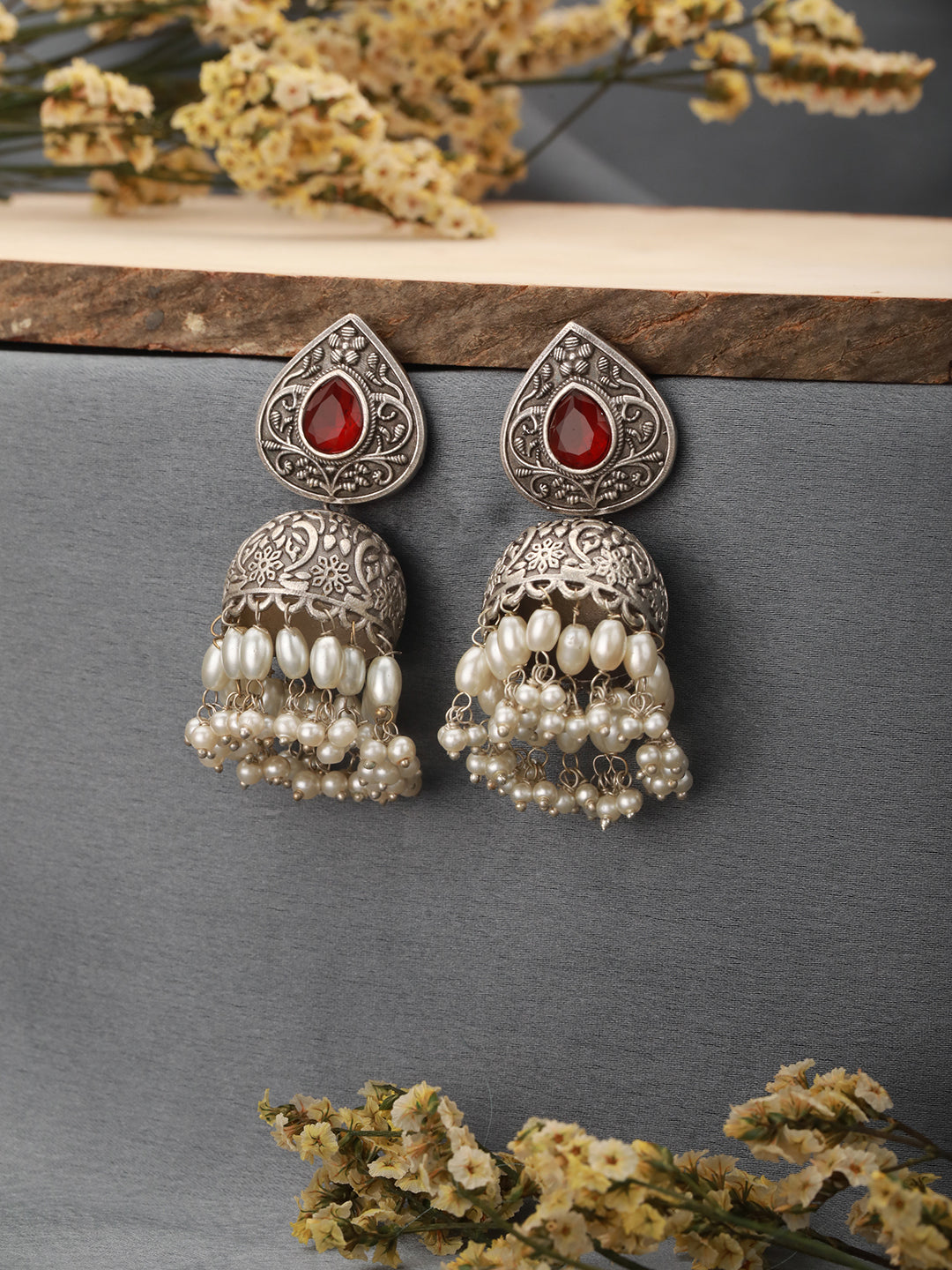 Silver Toned Oxidised Red Ruby AD Studded Handcrafted Contemporary Jhumkas Earrings
