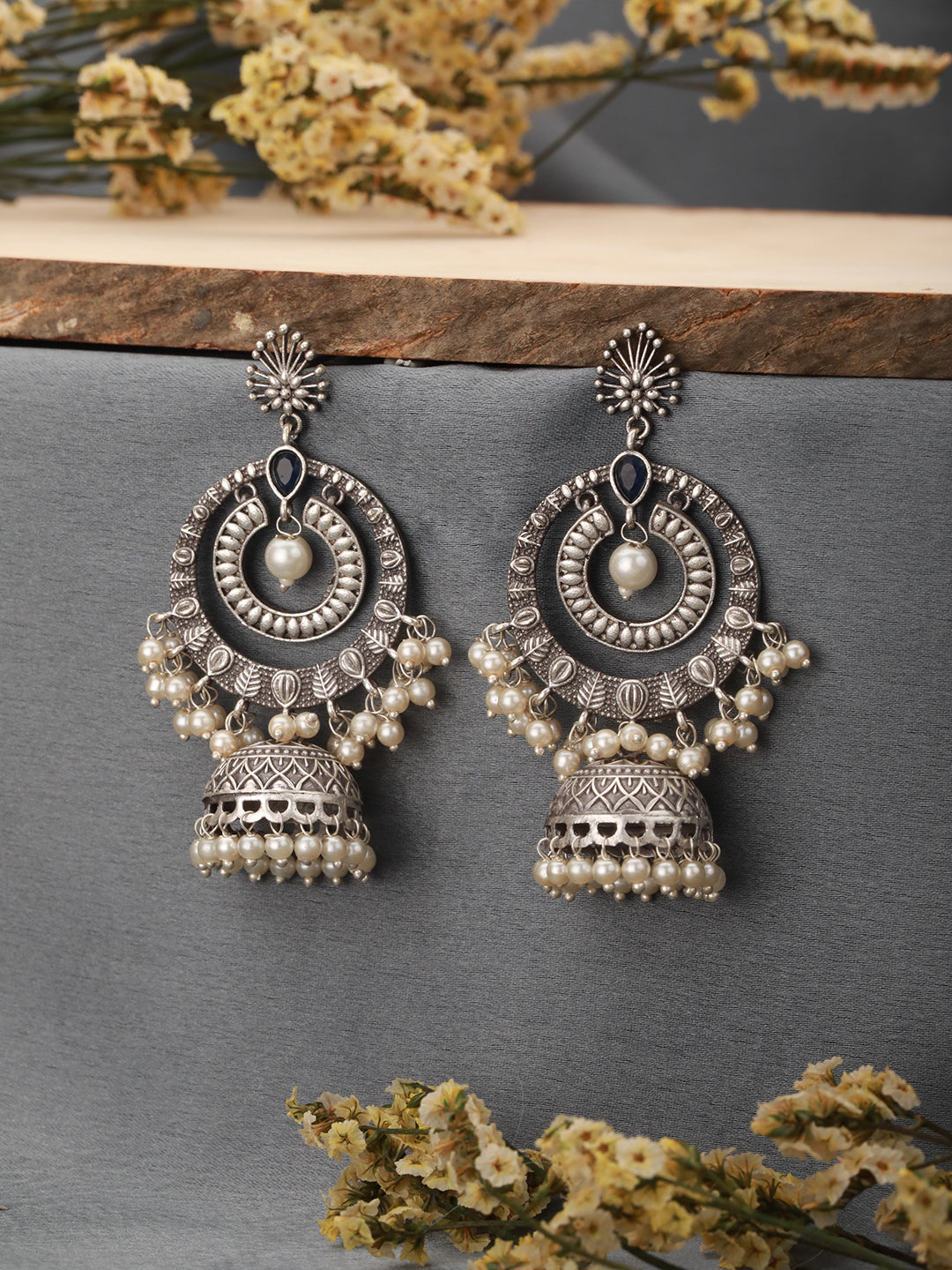Silver Toned Oxidised Blue AD Studded Handcrafted Contemporary Chandbali Jhumkas Earrings