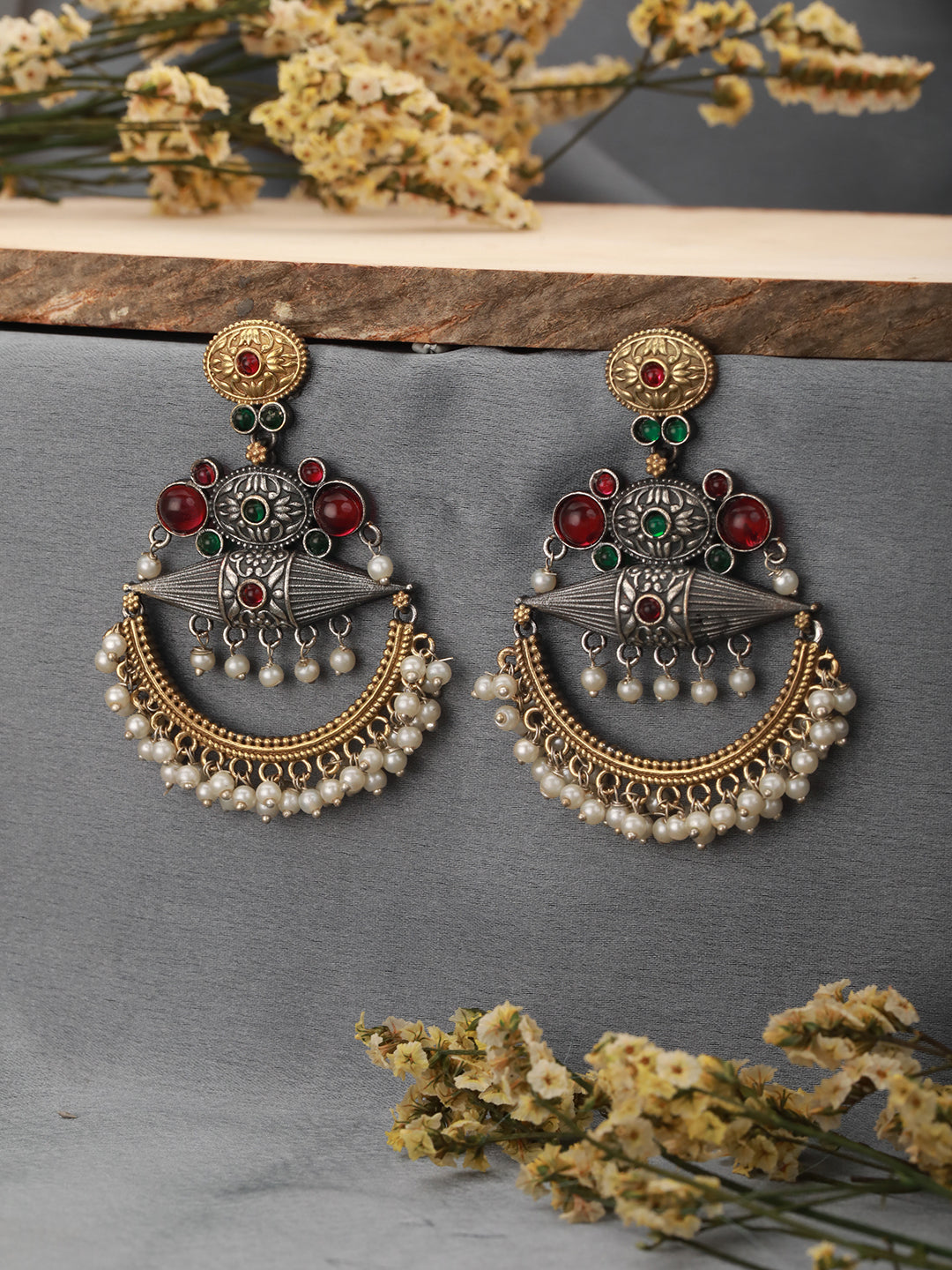 Dual Toned Red Stones Studded & Pearl Beaded Handcrafted Designer Light Weight Chandbali Dangler earrings