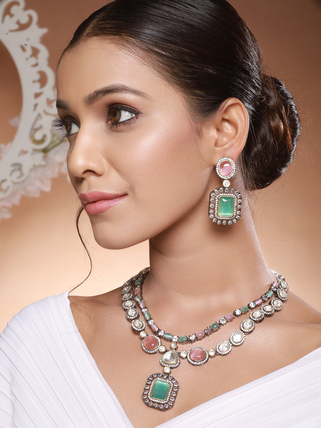 Gold Toned Pink & Mint Kundan Studded Double Lined Bridal Jewellery  Set