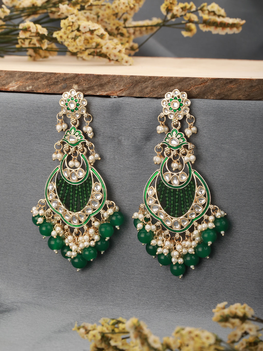 Gold Toned Kundan & Emerald Green Pearl Beaded Handcrafted Chandbali Earrings