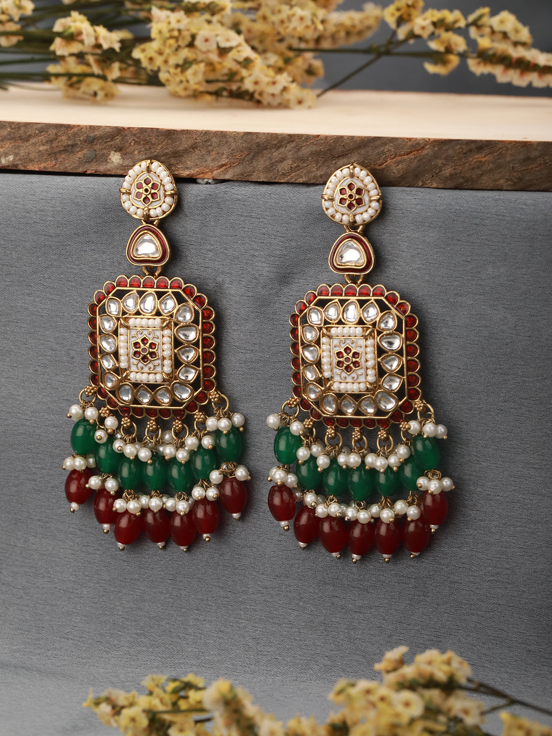 Gold Toned Red  Kundan & Green Pearl Beaded Geometric Designer Dangler Chandbali earrings