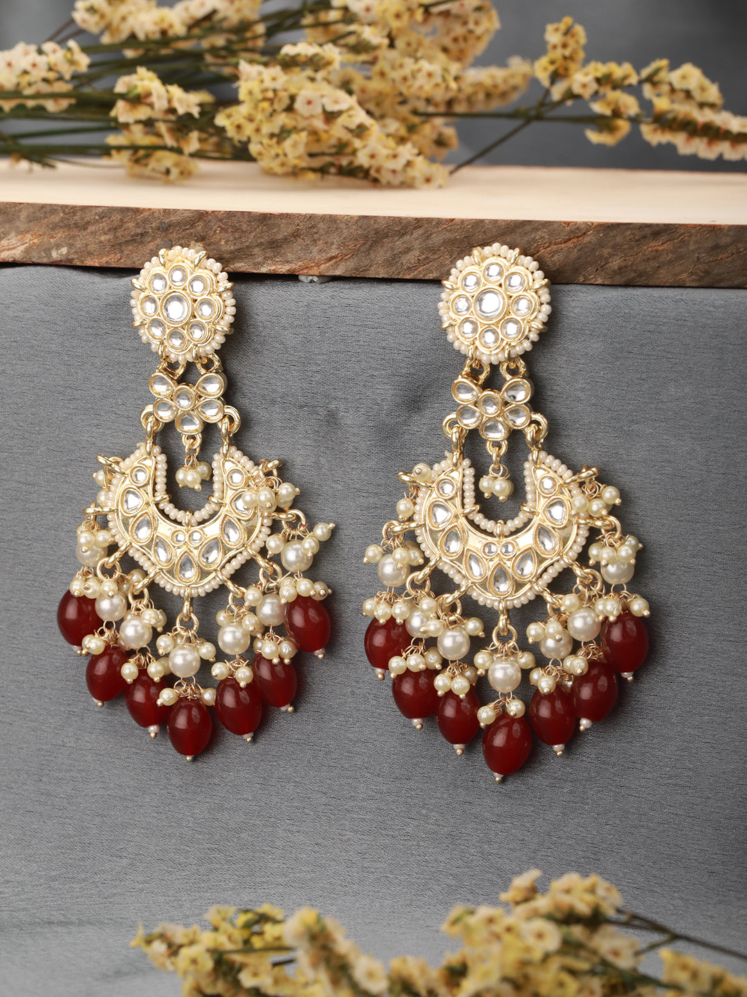 Gold Toned Kundan &  Maroon Pearl Beaded Delicate Floral Chandbali Earrings