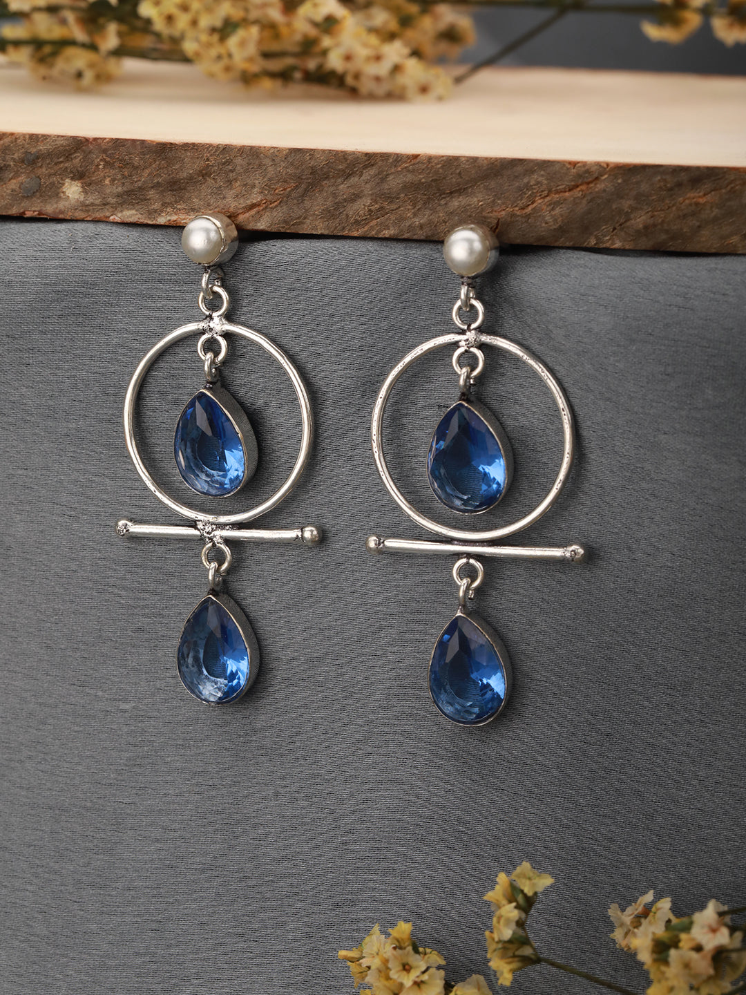 Silver Oxidised Plted Blue Stone AD Minimal  T-Shaped Hoop Earrings