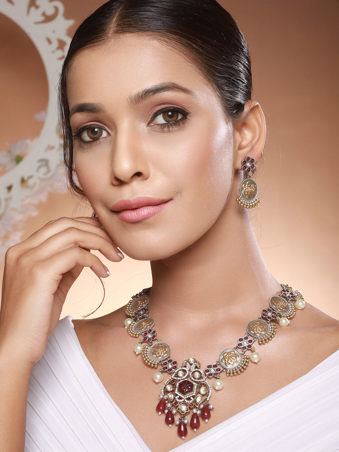 Dual Toned Silver Oxidised  Maroon Pearl Beaded Floral Statement jewellery  Set