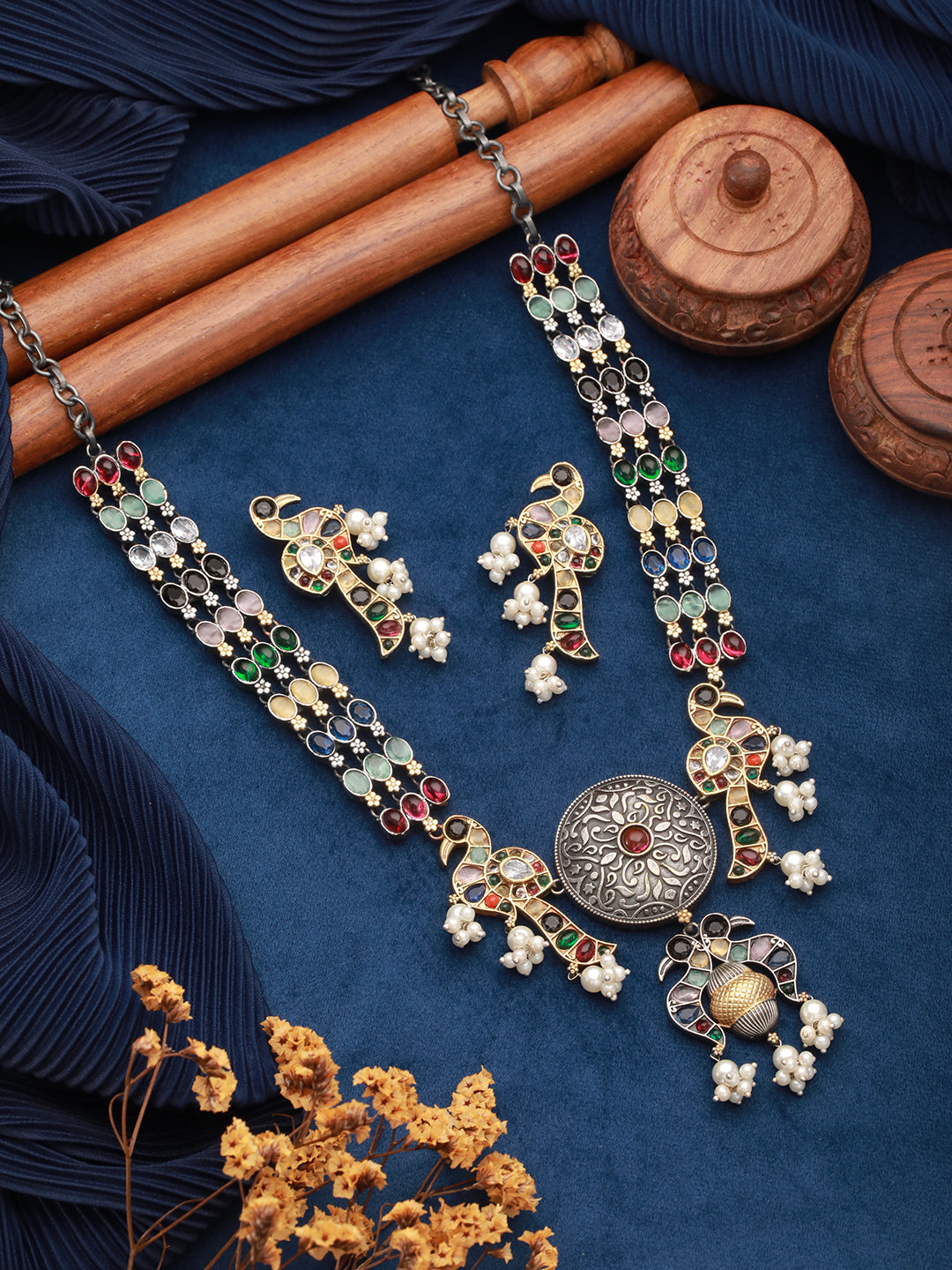 Dual Tone Oxidised Nav Ratan Stone Studded Pearl Beaded Bird Motif Designer