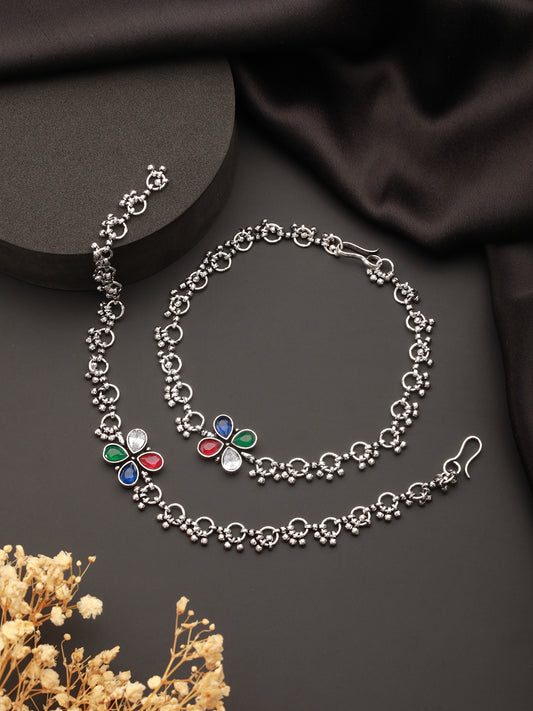 Silver Plated Multicoloured Stone Studded Delicate Floral Payal Anklet