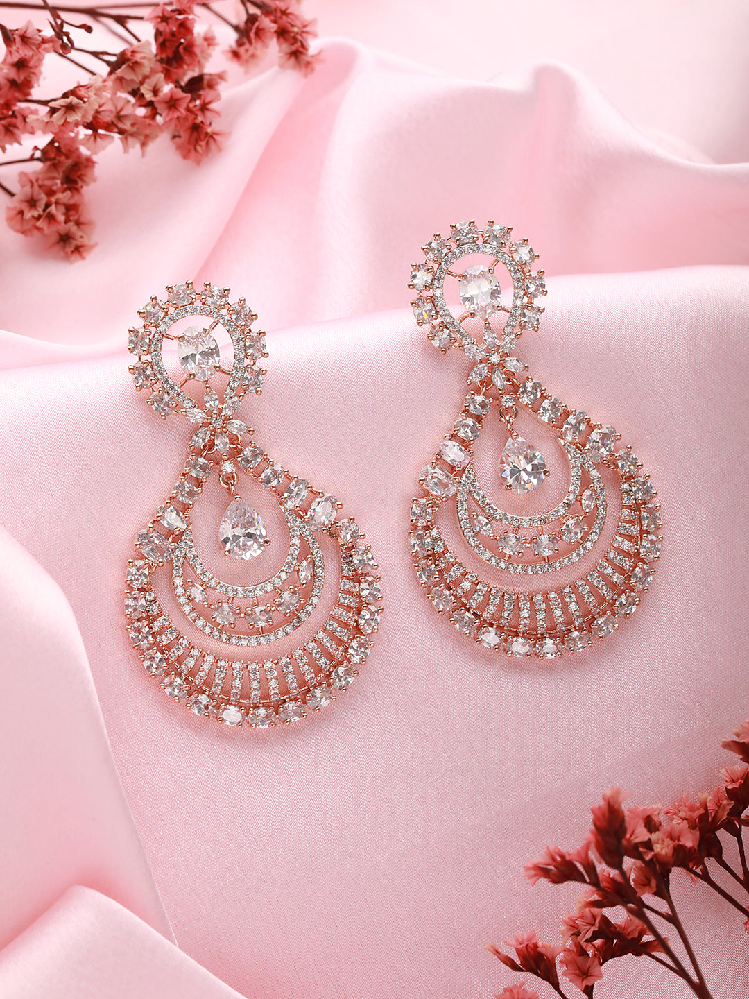 Rose Gold toned Zircon studded Long Chandelier Chandbali Luxe Earrings