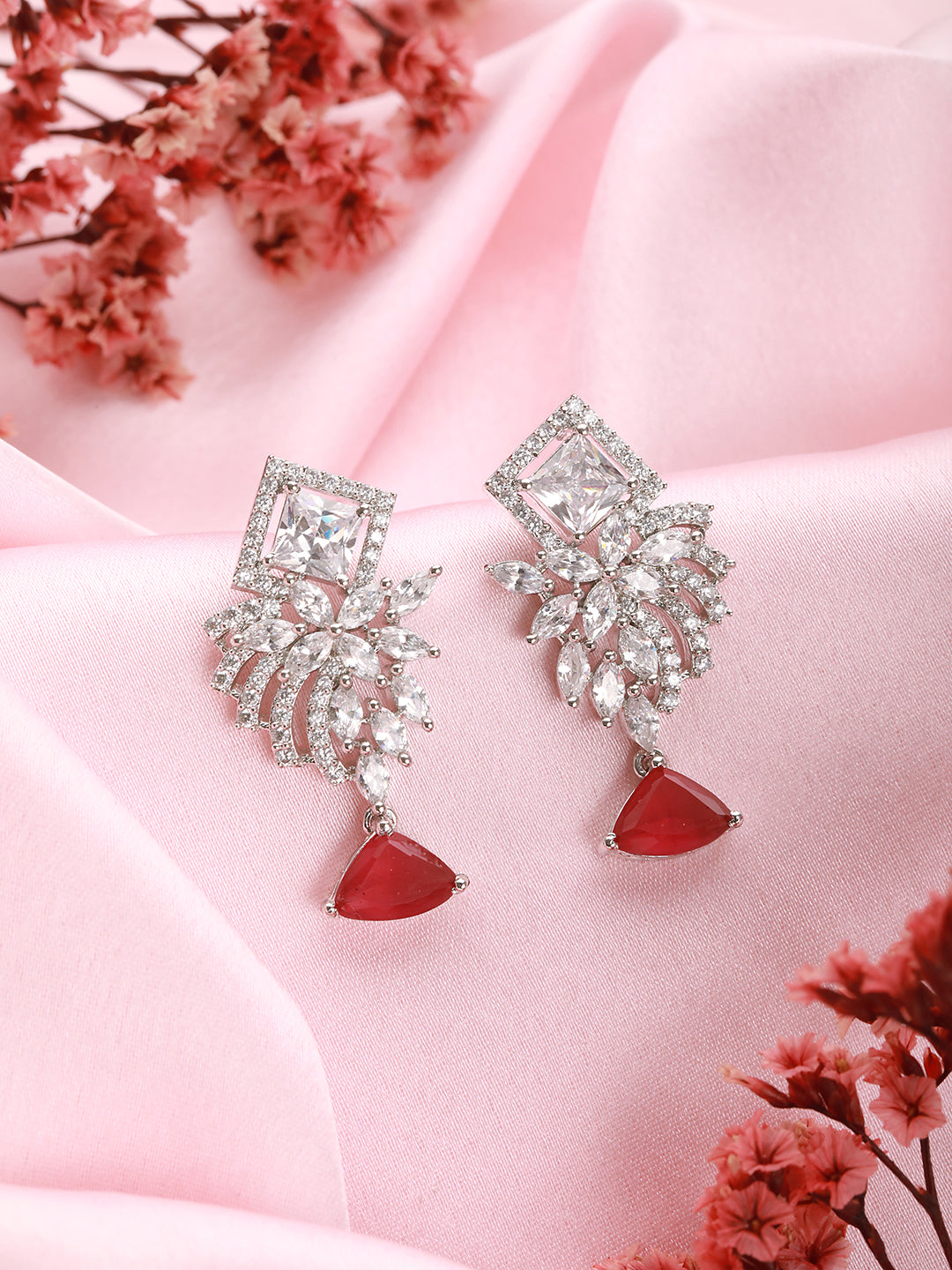 Silver Toned Red Ad Studded  Minimal Quirky Drop Earring