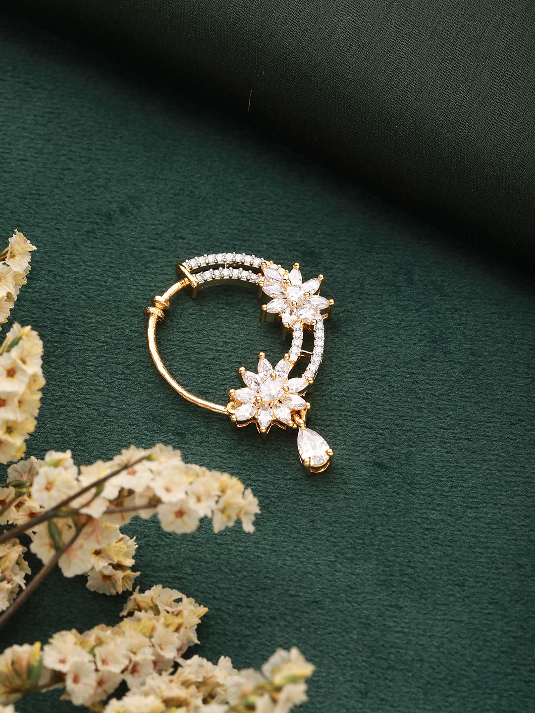 Gold Plated AD Studded Floral Pressing Nose Ring Nath