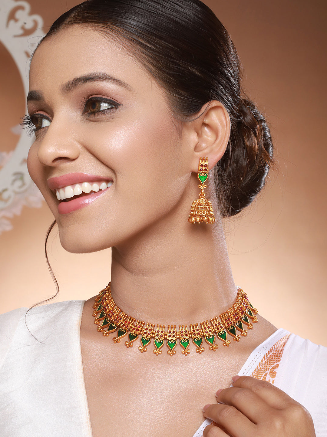 Gold Toned Green Enamelled Kerala tradition  Nagapadam  Floral Choker Jewellery Set