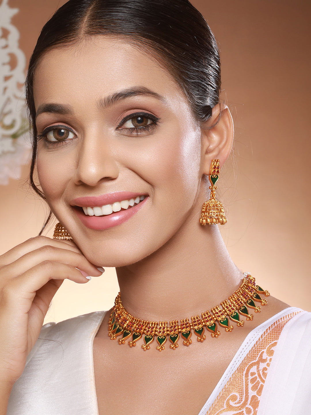 Gold Toned Green Enamelled Kerala tradition  Nagapadam  Floral Choker Jewellery Set