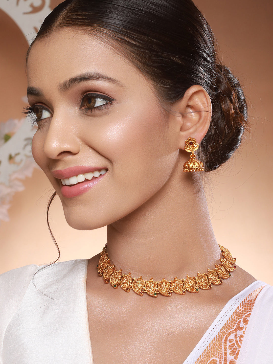 Antique Gold Polish Temple Mango Floral Choker Jewellery Set