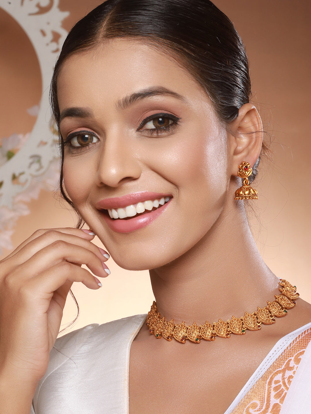 Antique Gold Polish Temple Mango Floral Choker Jewellery Set