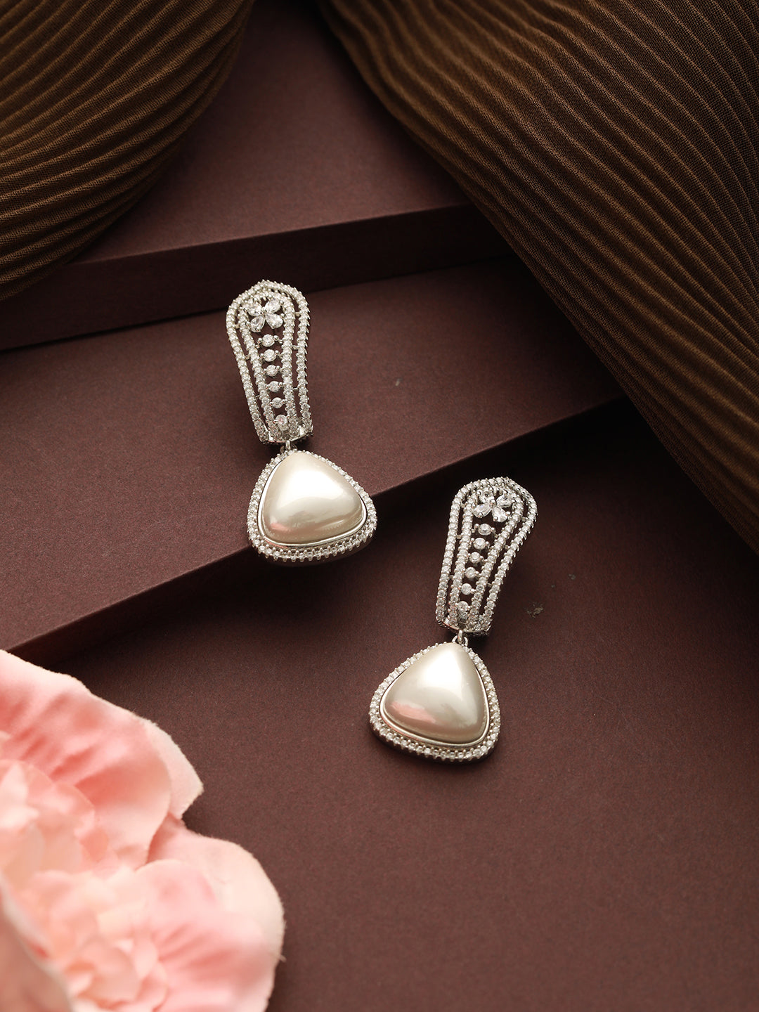 Silver Toned Zircon Studded Triangular Pearl Beaded  Handcrafted Bali Hoop  Earrings