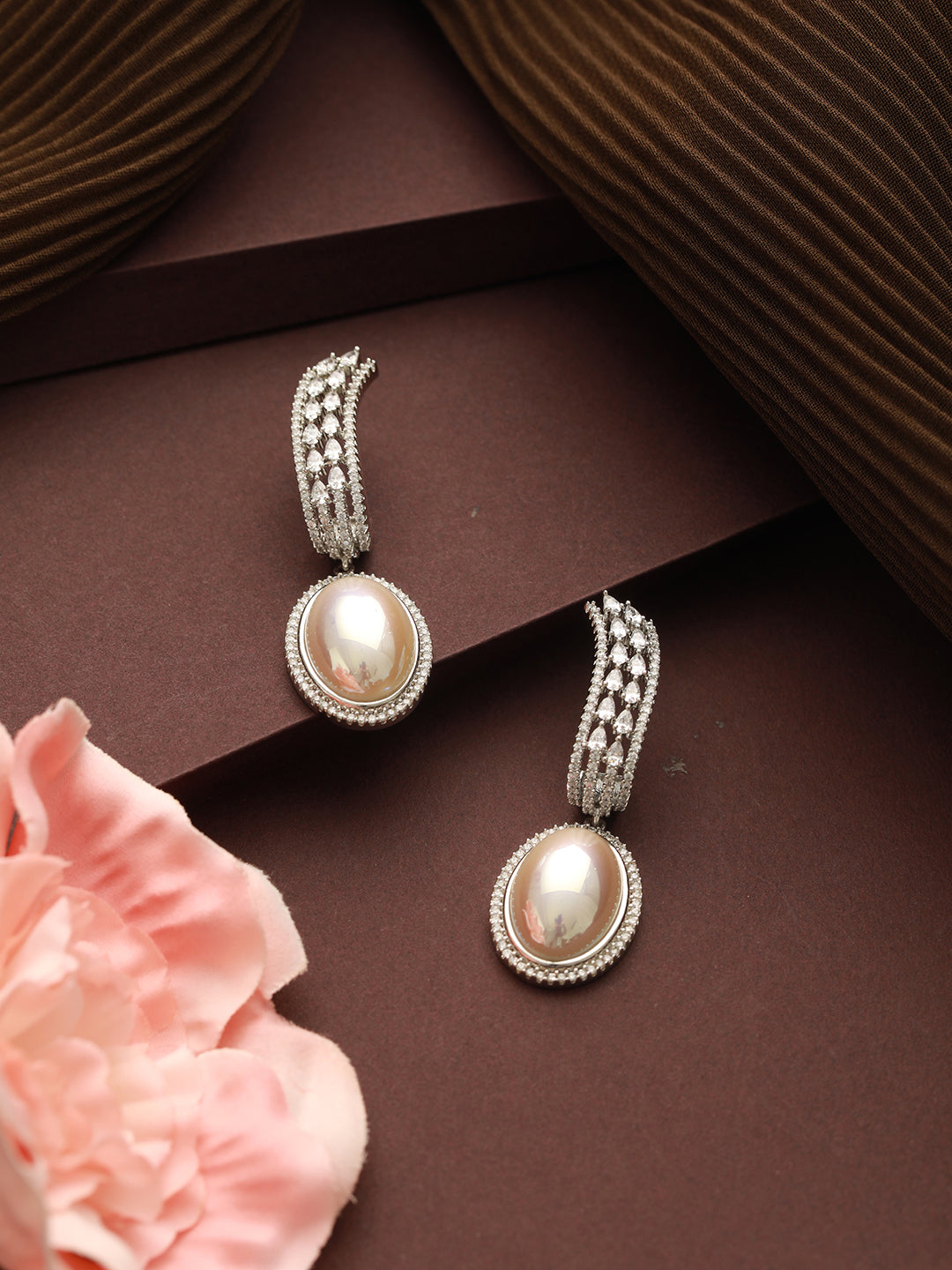 Silver Plated Zircon Studded Pearl Beaded Designer Dangler Hoop  Bali Earrings