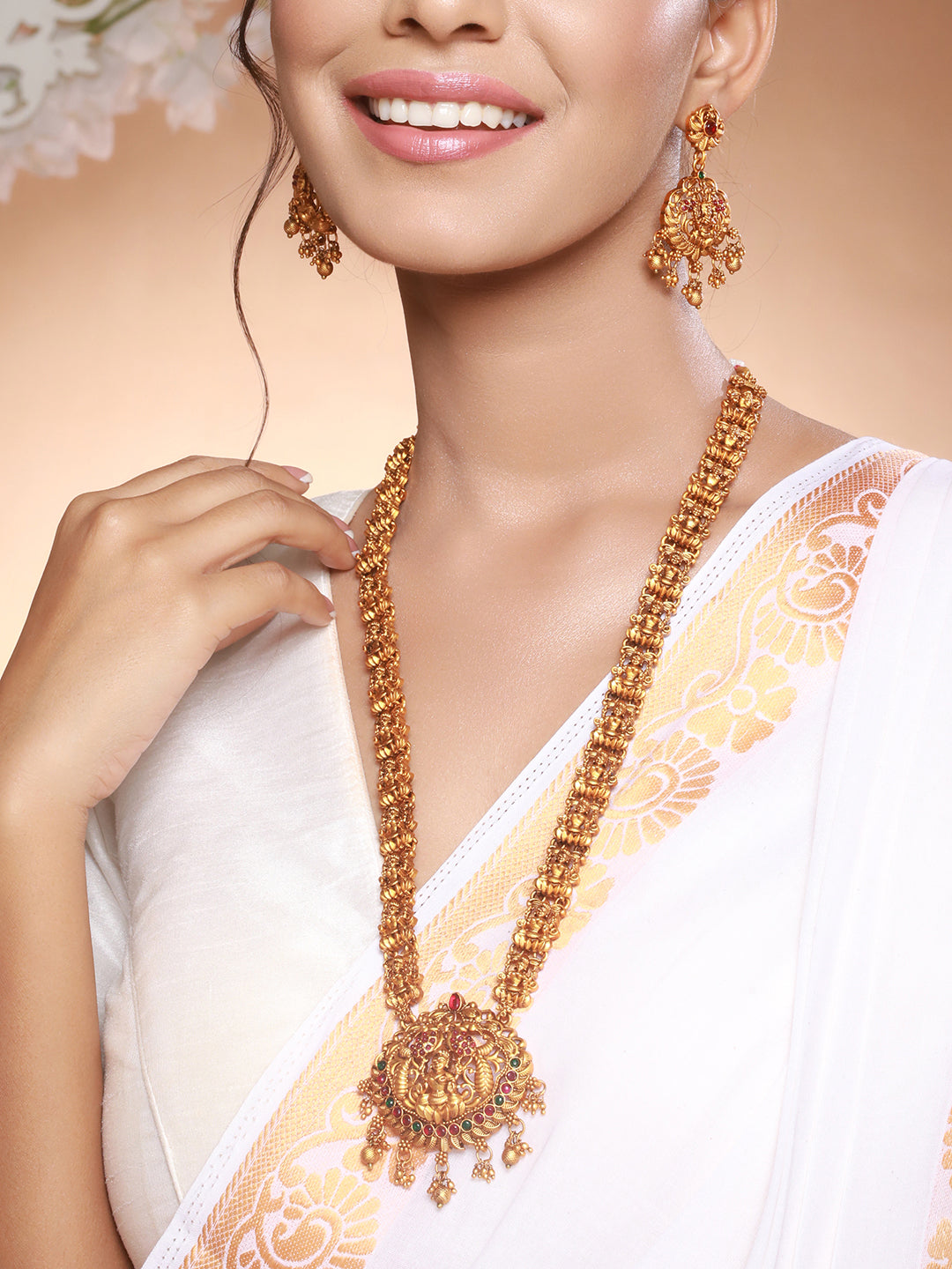 Antique Gold Toned Temple Lakshmiji Pendant Haram Jewellery  Set