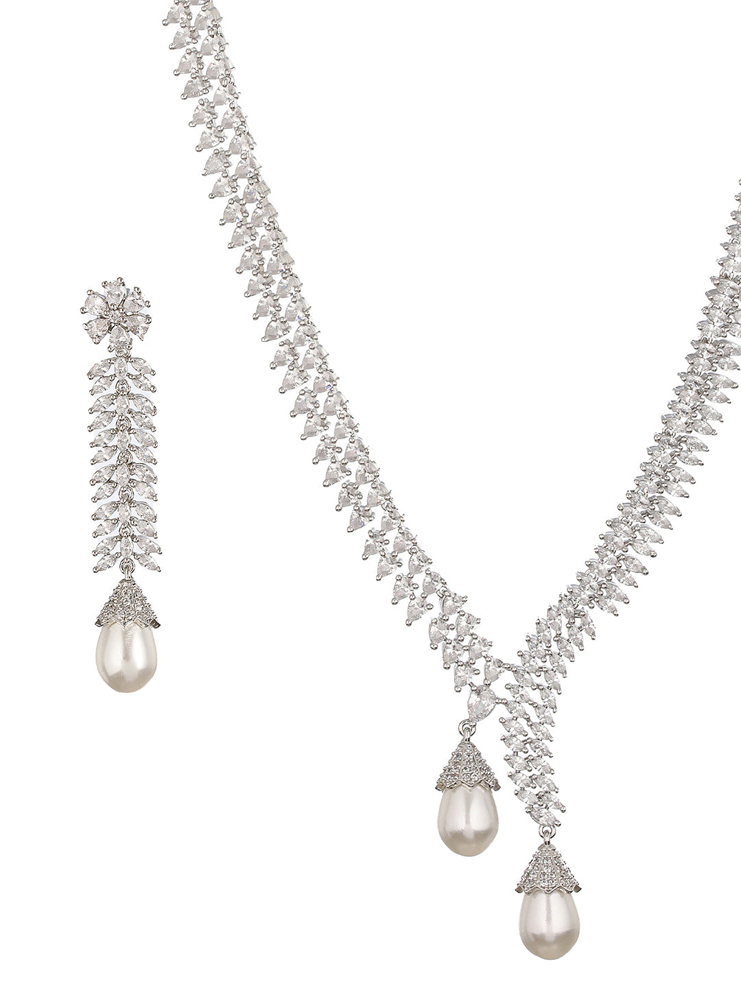 Silver Toned CZ Studded & Pearl Beaded Statement  Necklace  Jewellery Set