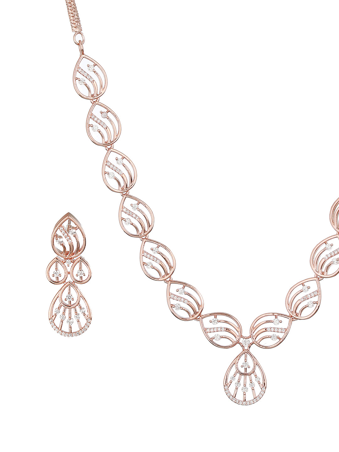 Rose Gold Toned Zircon Studded Minimal Necklace Jewellery Set
