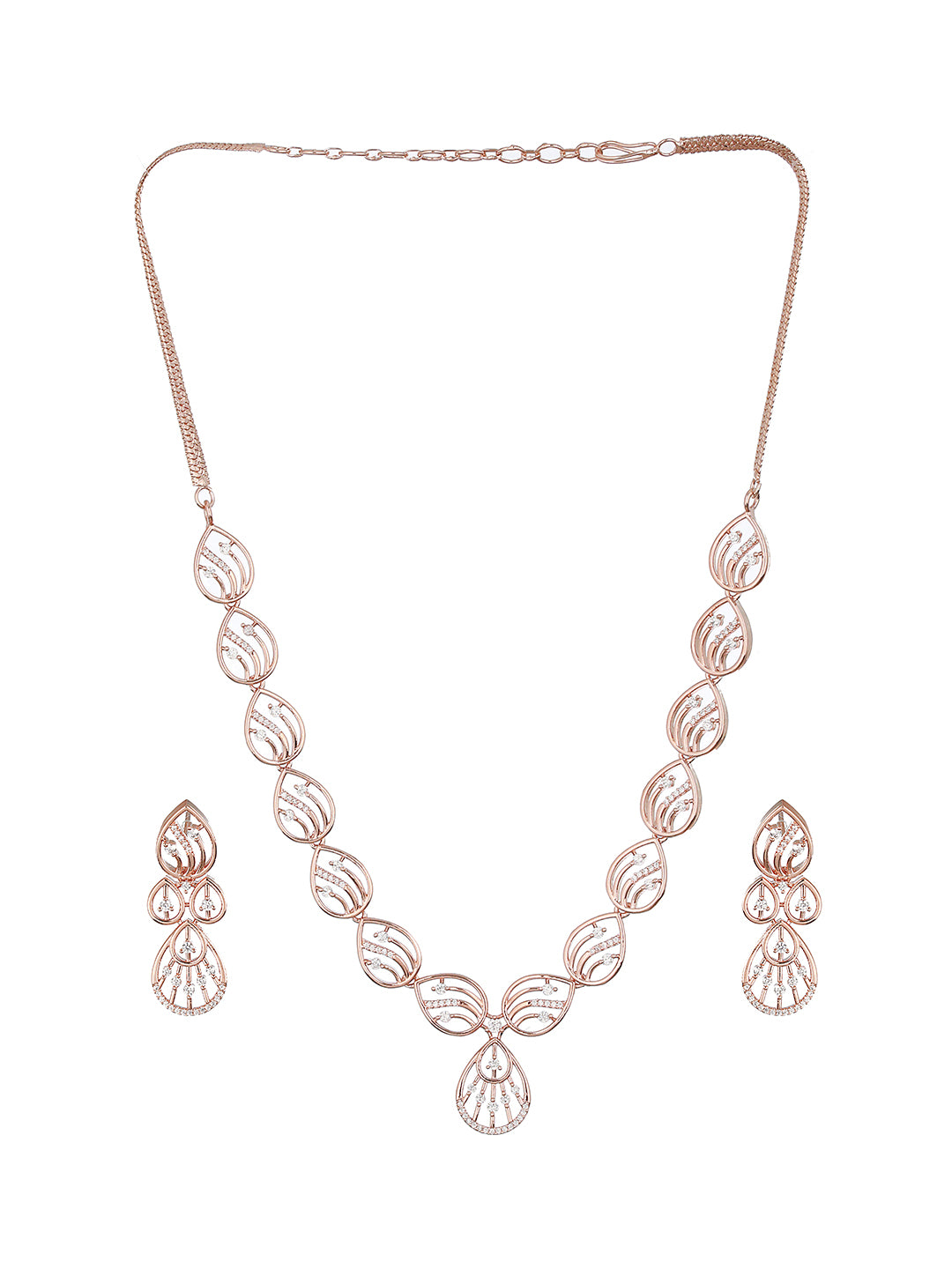 Rose Gold Toned Zircon Studded Minimal Necklace Jewellery Set