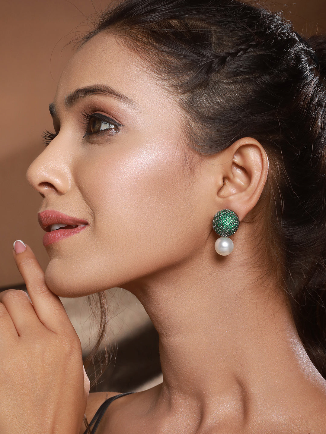 Green AD & Pearl Beaded Designer Luxe Stud Earrings