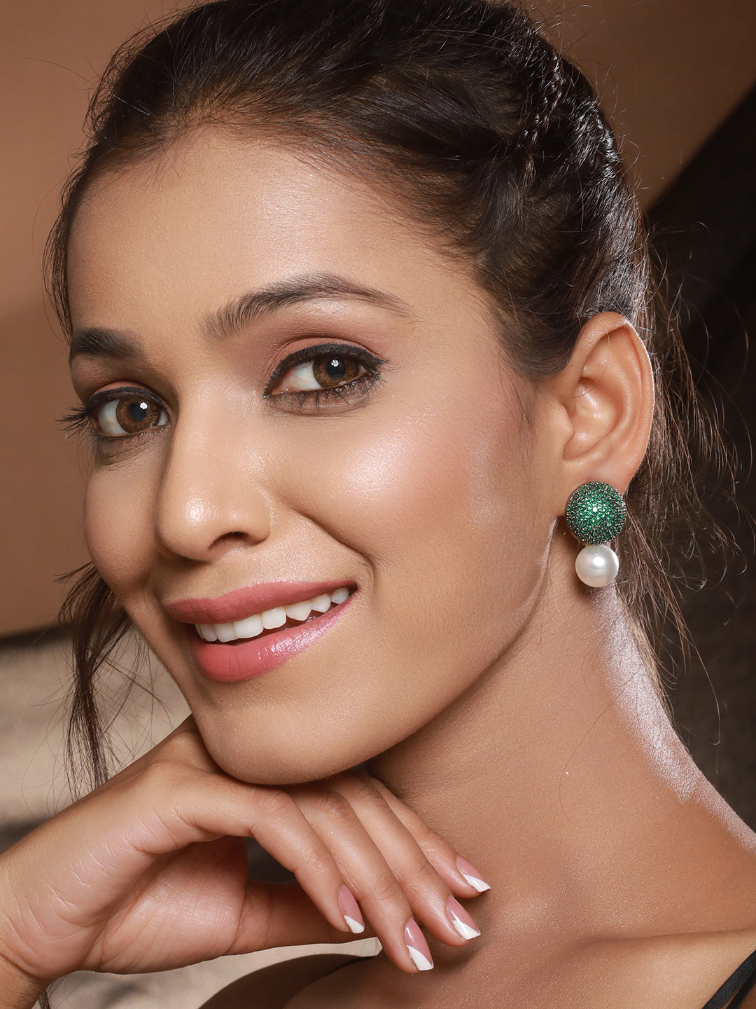 Green AD & Pearl Beaded Designer Luxe Stud Earrings