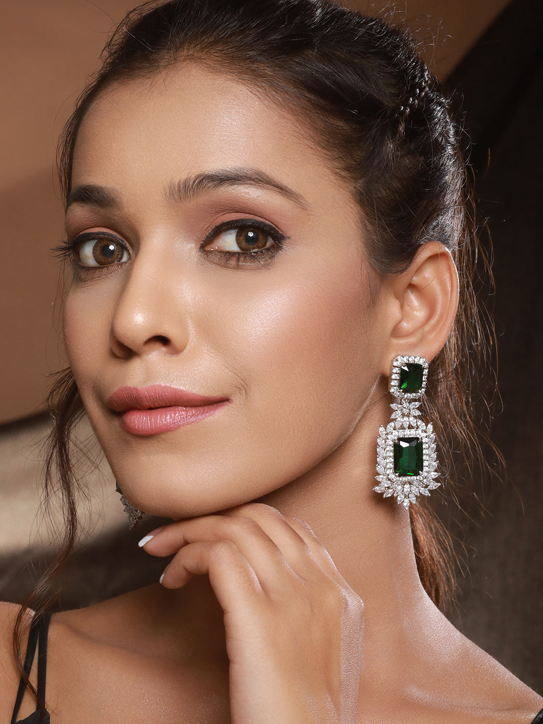 Silver Toned Green Emarald AD Studded Luxe Statement Dangler Clip Earrings