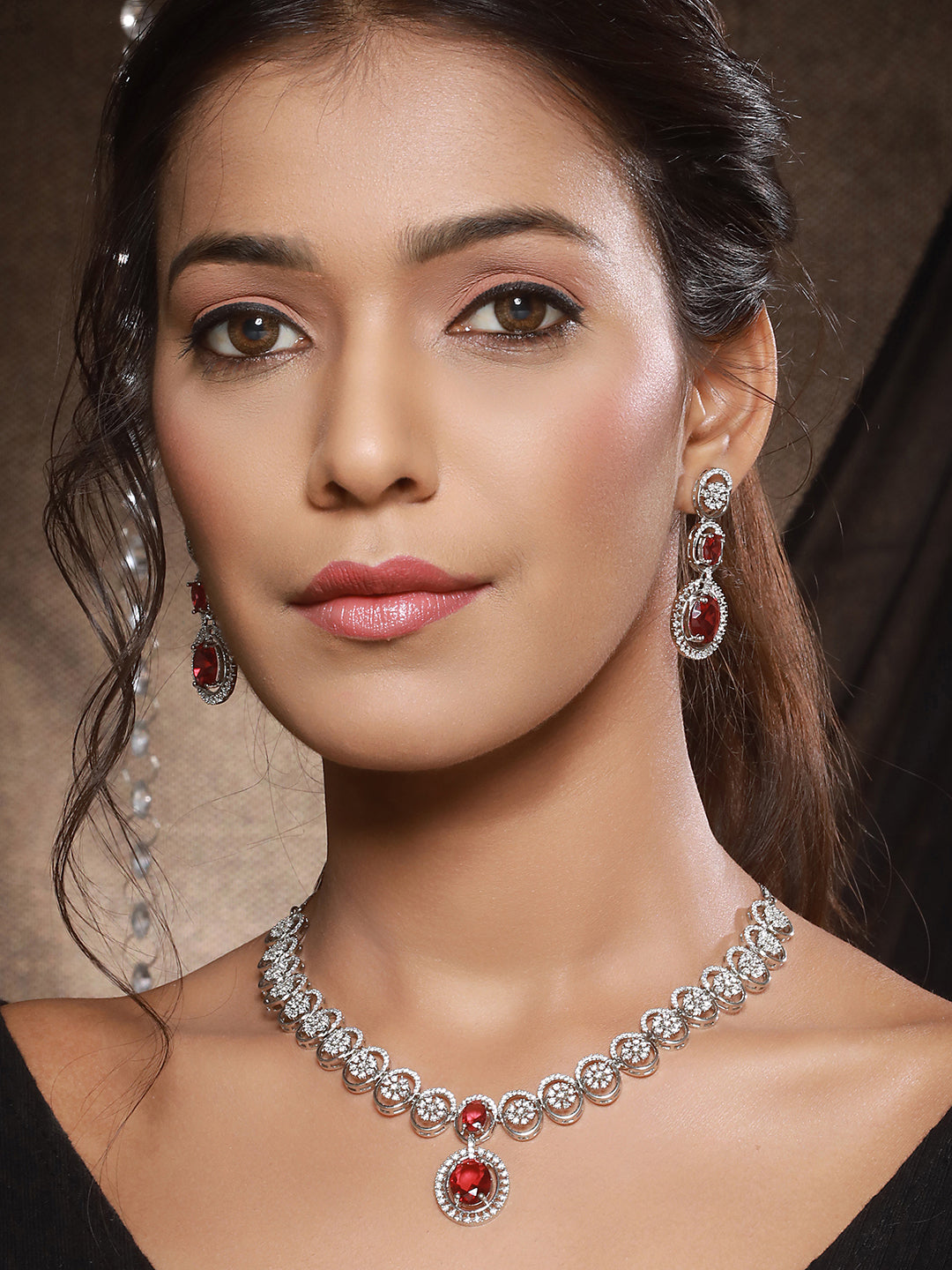 Rhodium Red Ruby Zircon Studded Delicate Contemporary Necklace Jewellery Set