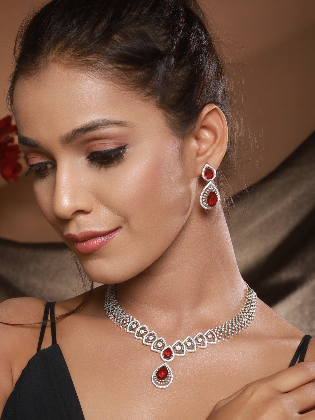 Silver Plated Red AD Studded Geometric Statement Necklace Jewellery  Set
