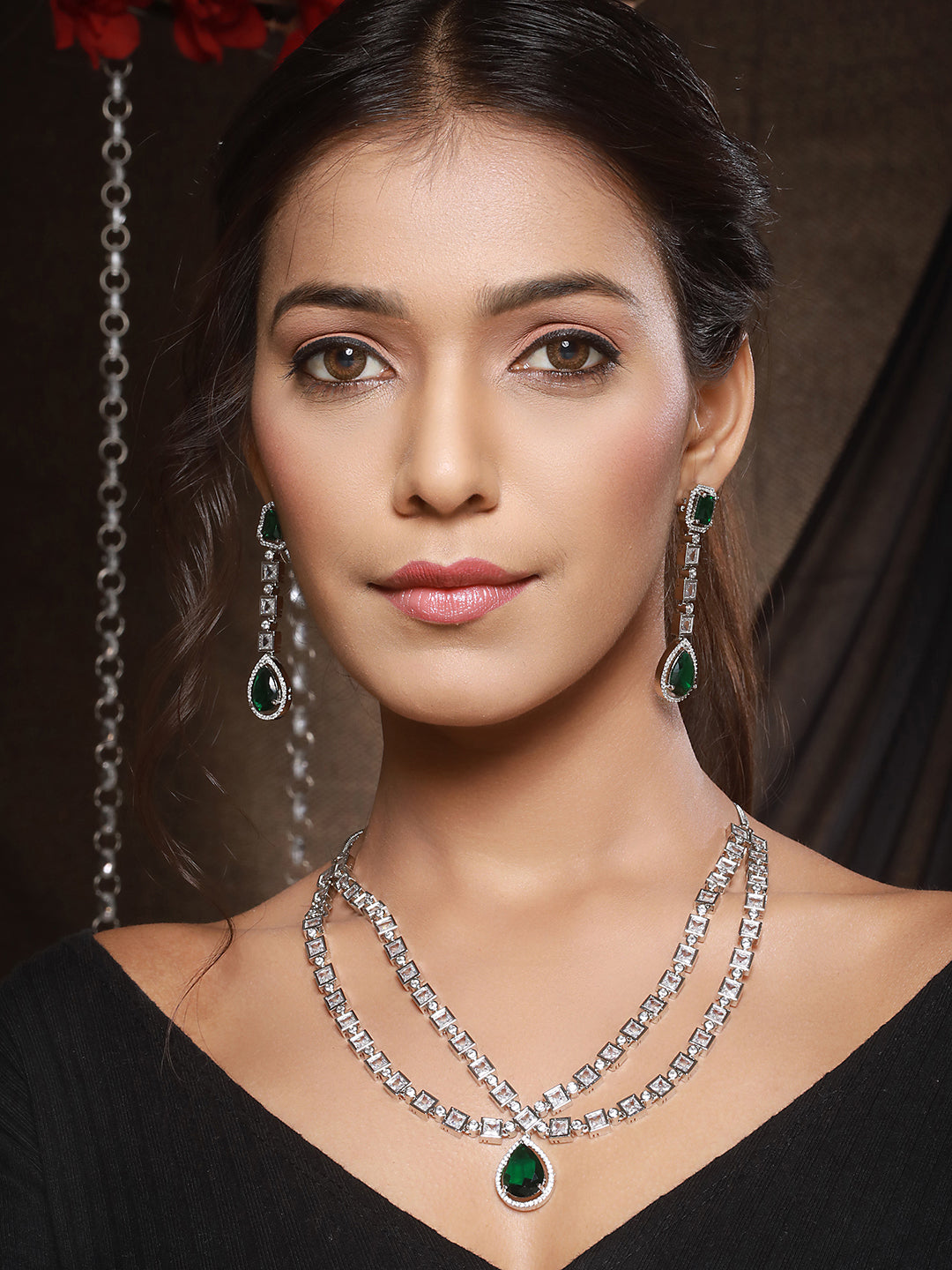 Silver Toned Green Zircon Studded Double Lined Designer Luxe Necklace Jewellery  Set