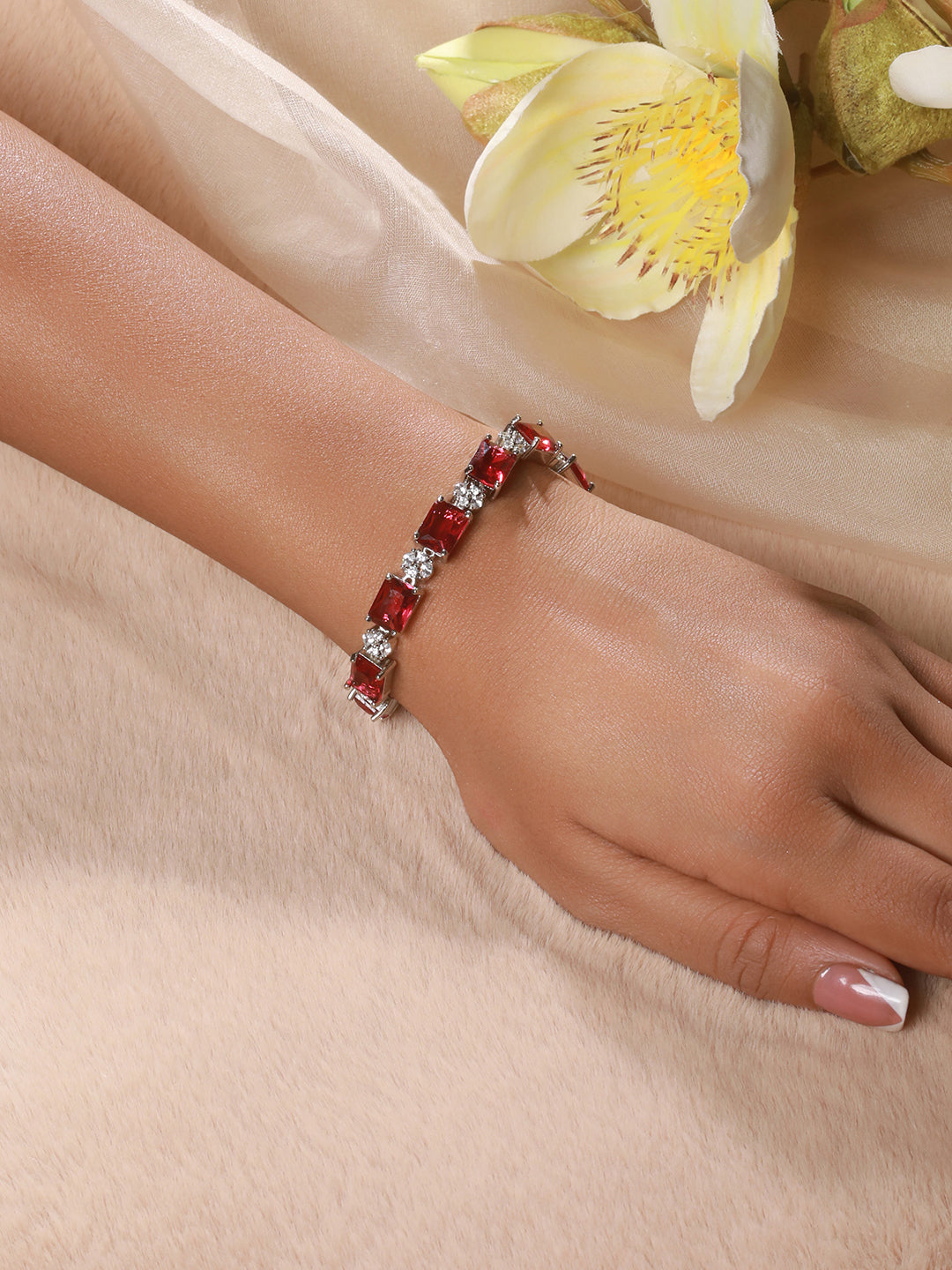 Silver Toned Red AD Studded Minimal Link Tennis Bracelet