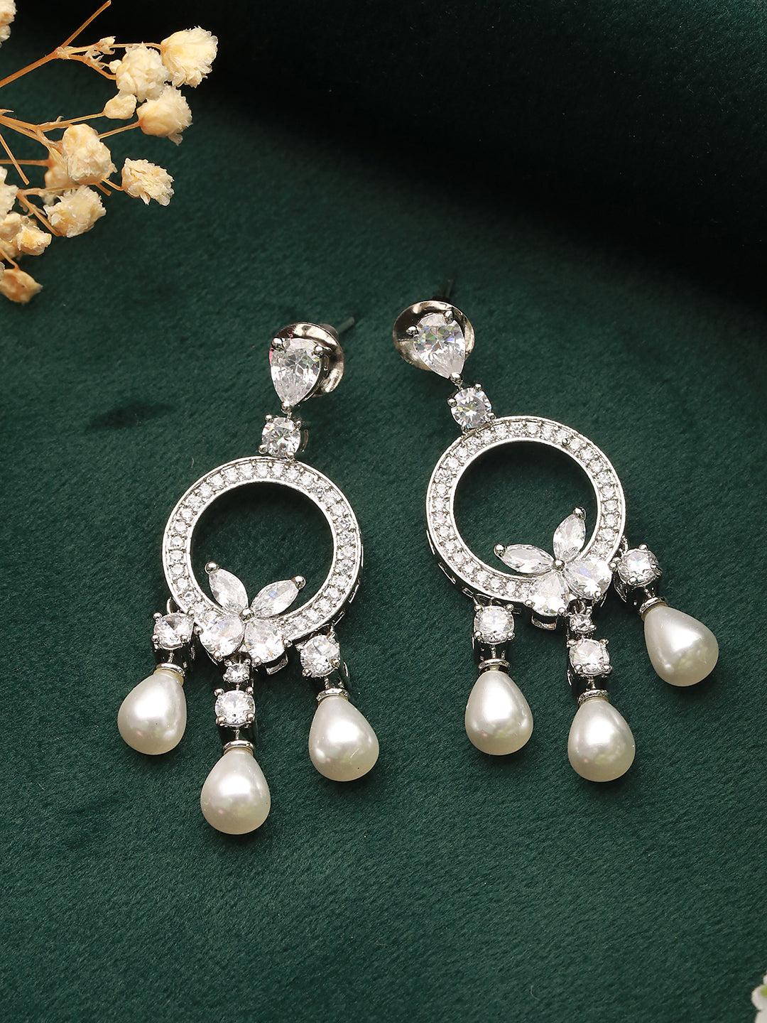 Silver Polish AD Studded Pearl Beaded Chandbali Earring