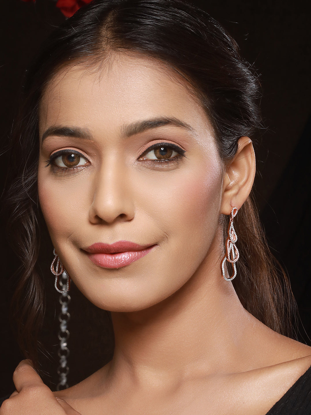 Rose Gold Plated AD Studded Contemporary Hoop  Earrings