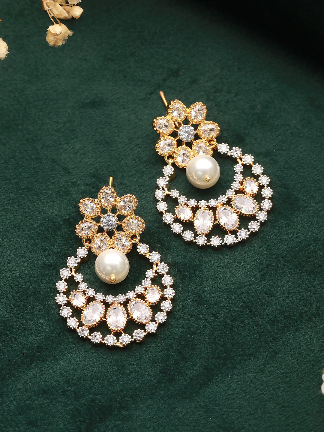 Gold Toned Zircon Studded Pearl Beaded Chandbali Drop  Earrings