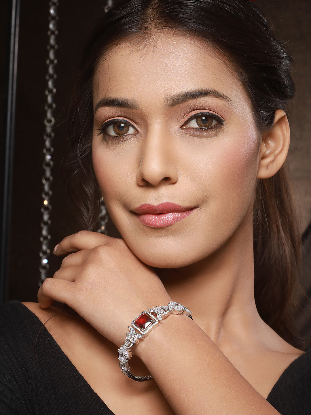 Silver Toned Red Zircon Studded Designer Kada Bracelet