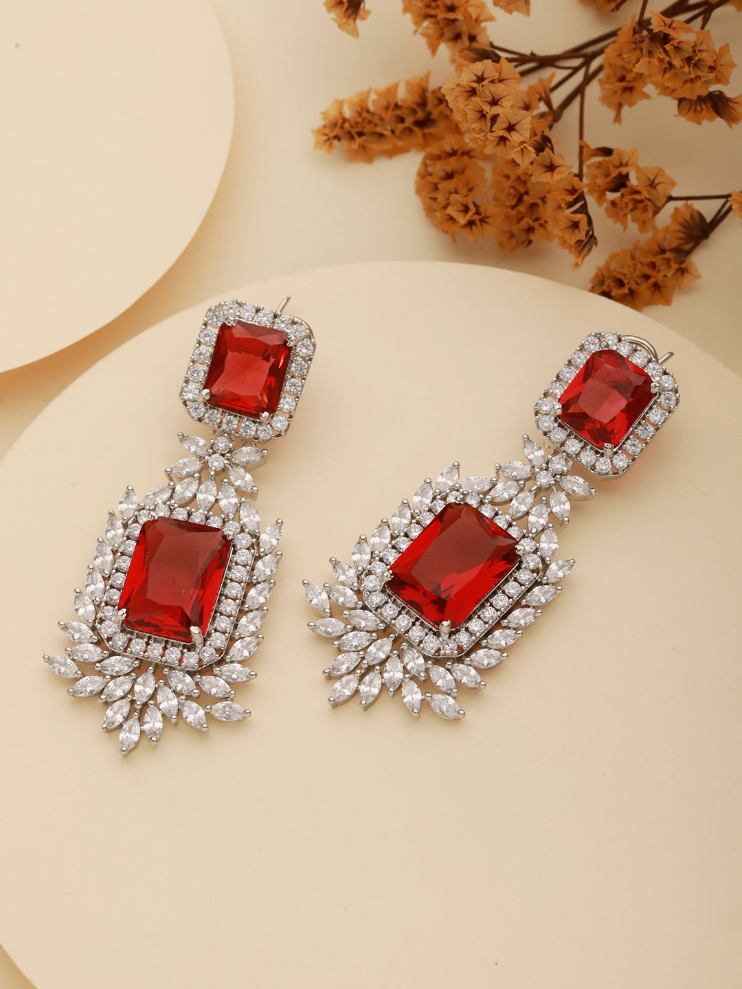 Silver Toned Red Zircon  Statement Dangler Clip Earrings