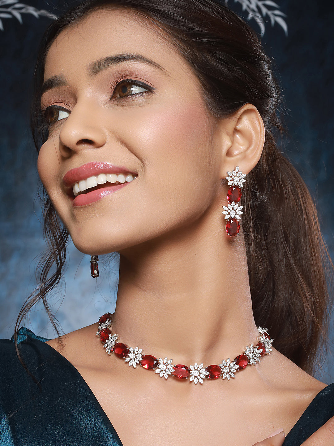 Silver Plated Red ADStudded Designer Floral Design Jewellry Set