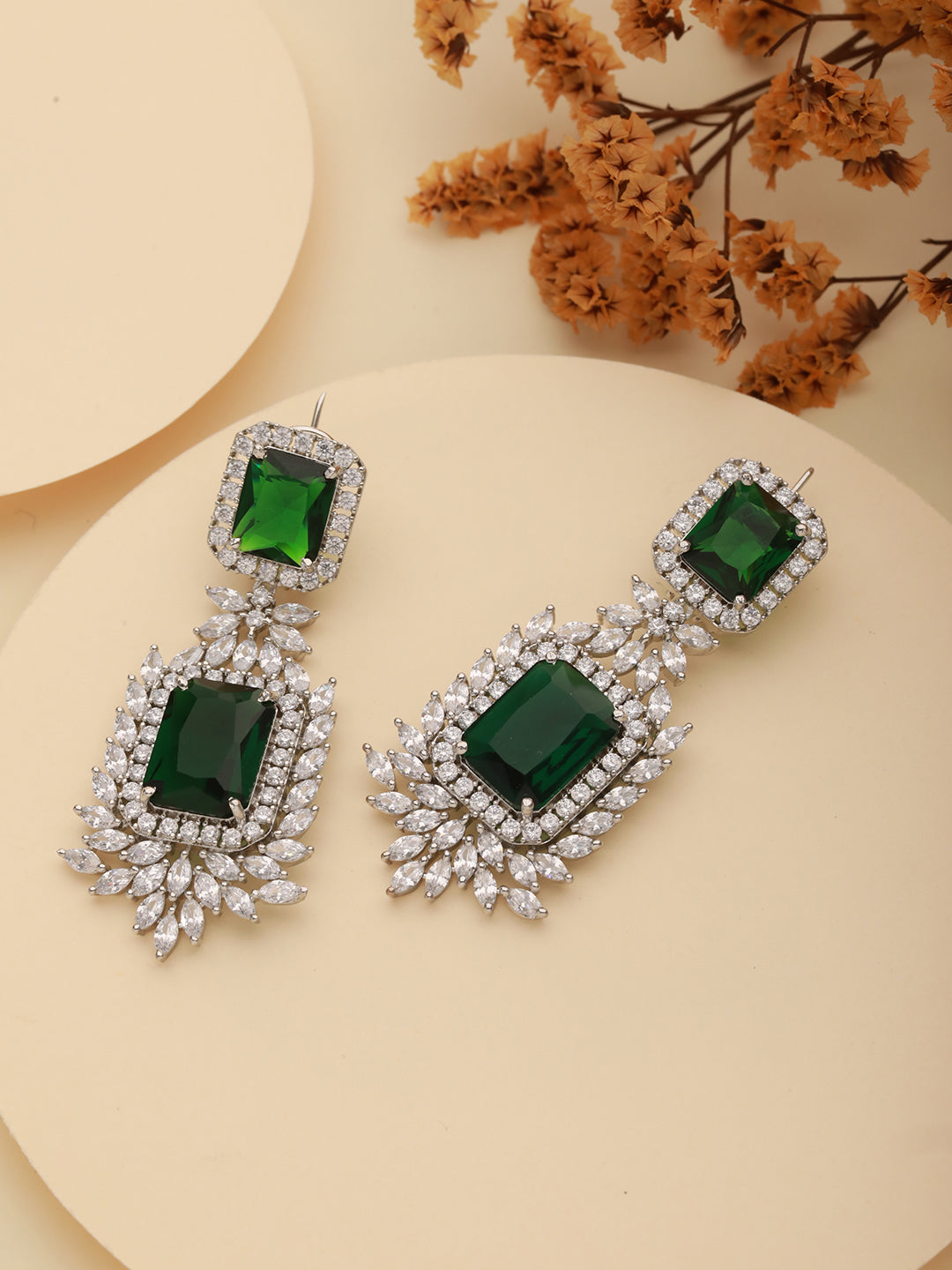 Silver Toned Green Emarald AD Studded Luxe Statement Dangler Clip Earrings