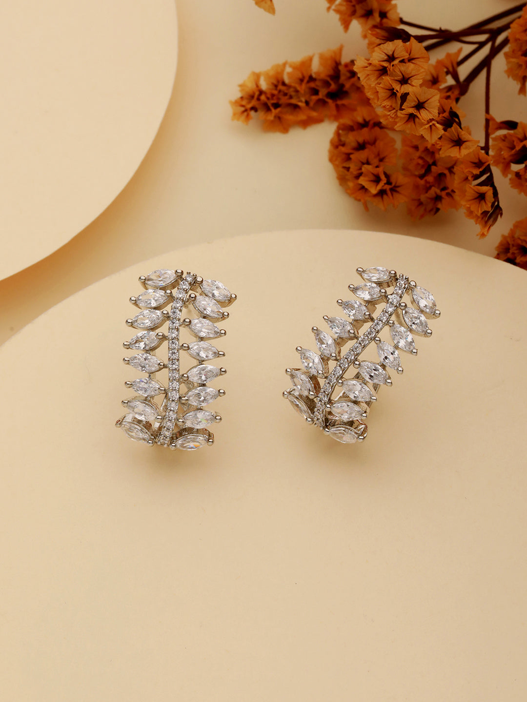 Silver Toned AD Studded Minimal Baali Earring