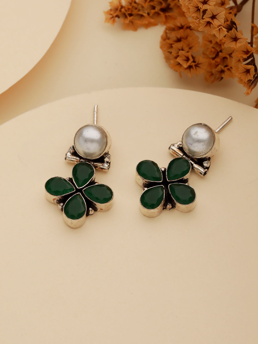 Silver Oxidised Green Stone & Pearl Drop Minimal Earrings