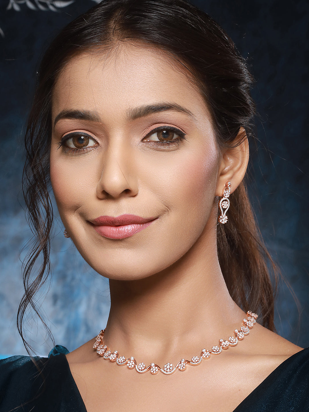 Rose Gold Plated AD Studded Floral Minimal Necklace Jewellery Set