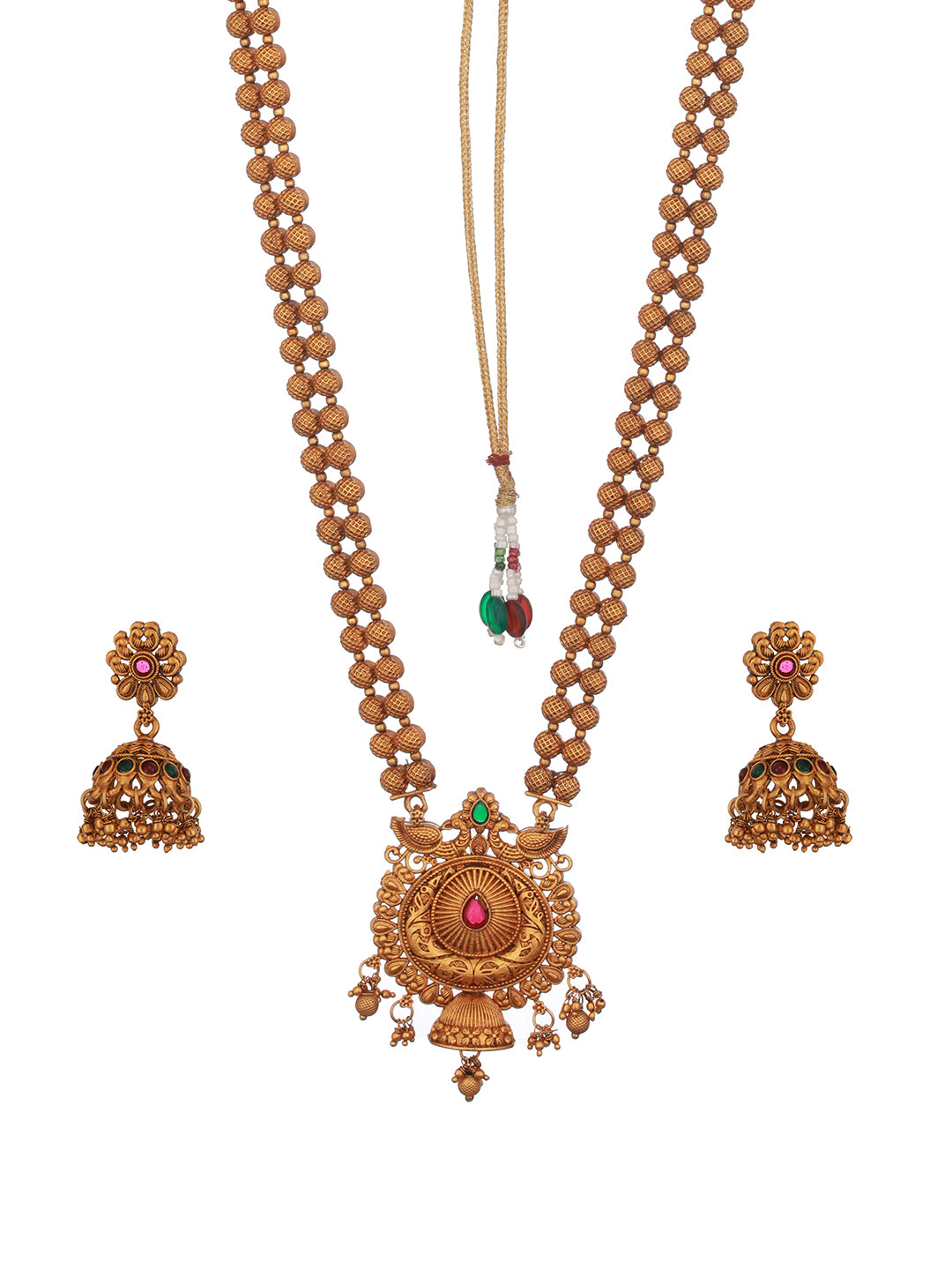 Antique Gold Toned Green Stone Studded Haram Chain Pendant Jewellery Set