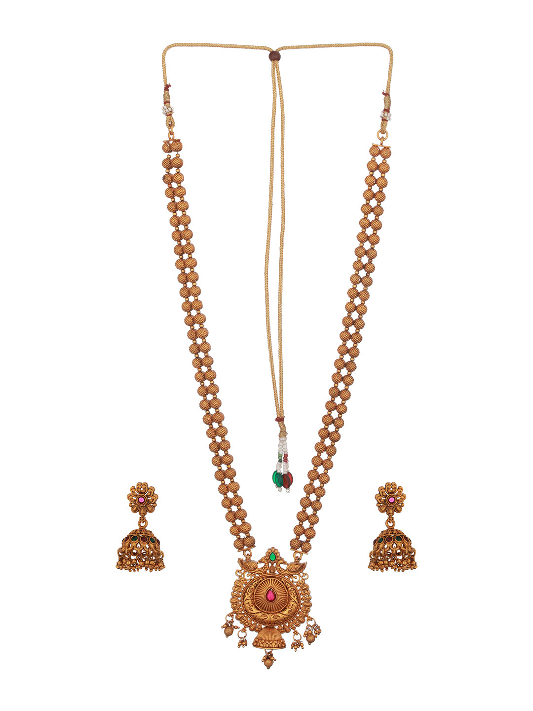 Antique Gold Toned Green Stone Studded Haram Chain Pendant Jewellery Set