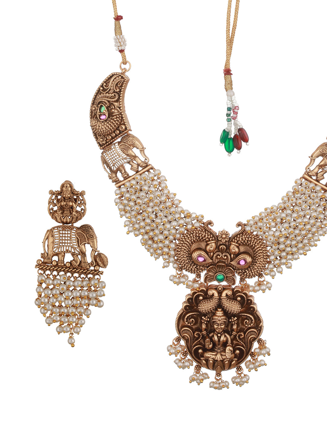 Gold Toned Pearl Cluster Elephant Statement Choker Jewellery Set