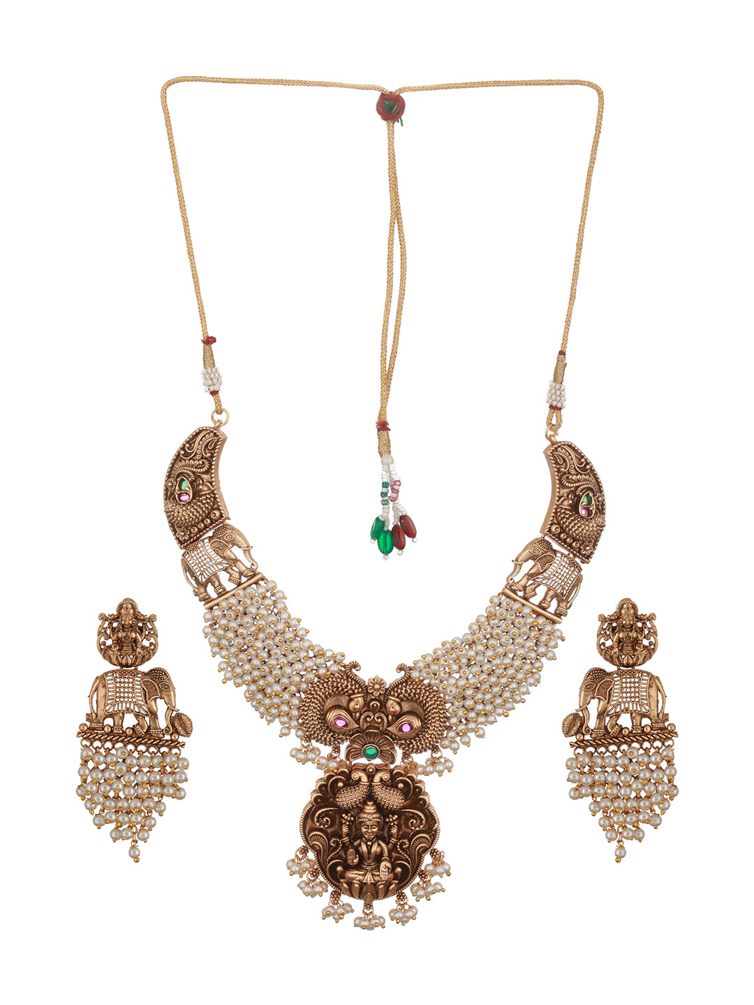 Gold Toned Pearl Cluster Elephant Statement Choker Jewellery Set